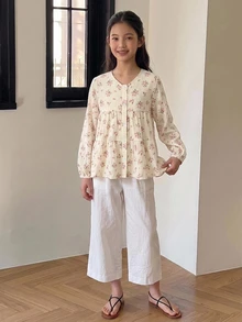 Dazy Kids 圓領可愛花卉長袖秋季甜美女孩（大號）上衣 - 黃色 - 查看 5