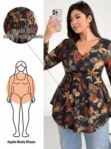 Shapeblank Plus Size Women's Autumn Fallen Maple Leaf Pattern Simple Casual Everyday Long Sleeve T-Shirt, Elastic Comfortable Waist-Cinching Babydoll Style Top, Suitable For Voluptuous Body, Simple Autumn Style - Multicolor - View 1