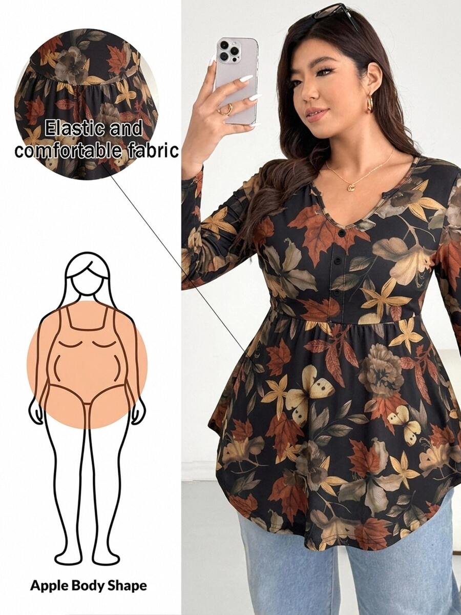 Shapeblank Plus Size Women's Autumn Fallen Maple Leaf Pattern Simple Casual Everyday Long Sleeve T-Shirt, Elastic Comfortable Waist-Cinching Babydoll Style Top, Suitable For Voluptuous Body, Simple Autumn Style - Multicolor - View 1