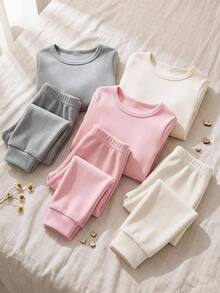 SHEIN 女嬰純色圓領長袖上衣與長褲休閒日常居家睡衣套裝 - 彩色 - 查看 1