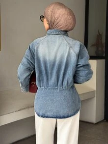 DAZY Women's Raglan Sleeve Single-Breasted Casual Denim Jacket - Blue - View 2