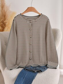 CosyJoli Plus Size Women's Casual Colorblock Striped Cotton T-Shirt, White Top, Button, Metal Buckle, Suitable For Autumn Formal Occasions And Office Wear. - Multicolor - View 3