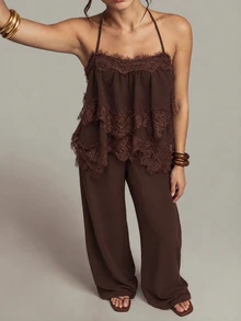 SHEIN Tall Tall Women's Brown Lace Spliced Camisole And Long Pants Two Pieces Set Fashion - Brown - View 6