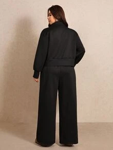 Elaquor Bộ 2 món áo khoác tay dài và quần màu trơn phong cách thường ngày cho nữ size lớn - màu đen - Xem 2