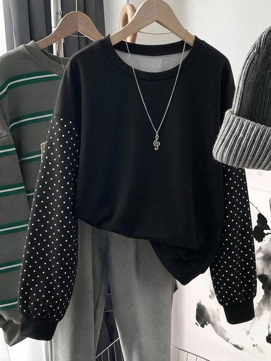 SHEIN LUNE Women's Polka Dot Patchwork Casual Daily Long Sleeve Sweatshirt - White - View 1