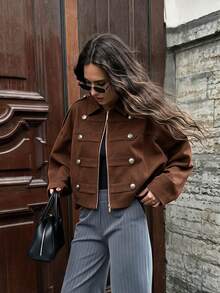 Struktiv Women's Autumn/Winter Sleeve Cuff Decor Napoleon Element Casual Street Style Regular Commute Wearable Thin Jacket - Mocha Brown - View 1