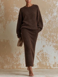Selianne Women's Autumn/Winter Slouchy Round Neck Knit Sweater & High Waist Long Skirt 2 Pieces Set, Loose Long Sleeve Pullover - Brown - View 5