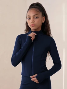 SHEIN Tween Girls 3pcs Set, Black Outfit, Sports Modest Athletic Jacket + Tank Top + Leggings, Autumn, High Stretch Fabric, Gym Active - Navy Blue - View 6