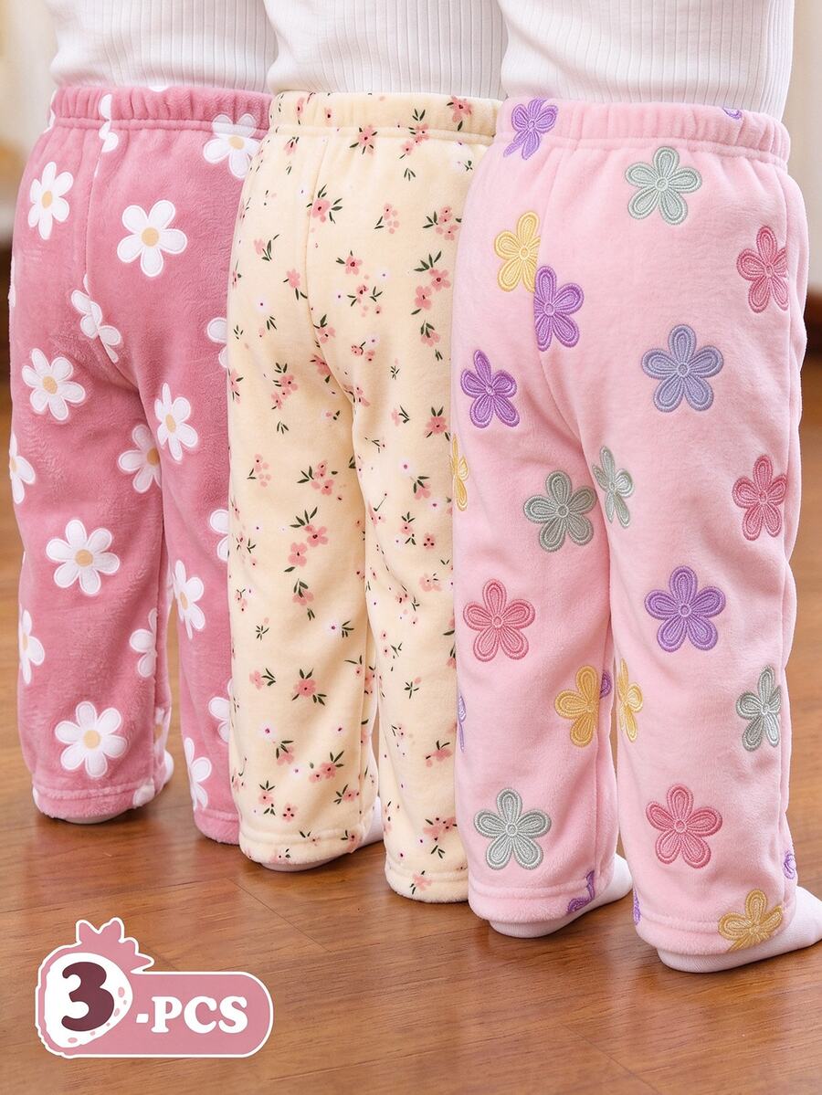3件組女孩印花毛絨鬆緊腰休閒長褲,可愛花卉印花,直筒寬鬆版型 - 彩色 - 查看 1