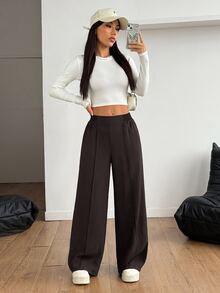 SHEIN PETITE 女款 Y2K 黑色基本款休閒純色寬腿褲，正式秋季冬季搭配，鬆弛高腰西裝長褲，喇叭褲，小個子通勤辦公穿搭 - 棕色 - 查看 6