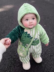 Baby Boy Cartoon Animal Print Long Sleeve Plush Hooded Romper - Green - View 1