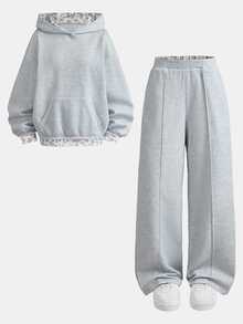 SHEIN 青少年女孩連帽衛衣與運動衫套裝，秋冬灰色拼接豹紋休閒極簡寬鬆加厚連帽衛衣 + 寬腿運動長褲 2 件套，適合秋冬日常、街頭、旅行、休閒、嘻哈與 Y2K 風格 - 灰色 - 查看 6