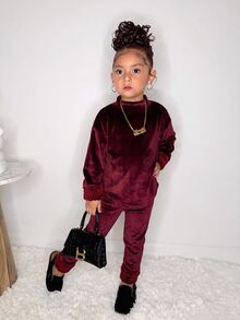 SHEIN 2pcs/Set Young Girl Fashion Casual Drop Shoulder Ribbed Knit "Smile" Graphic T-Shirt And Leggings - Burgundy - View 4