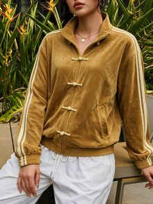 SHEIN BASICS Plus Size Women's Side Stripe Long Sleeve Button-Front Casual Jacket - Yellow - View 1