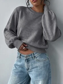 SHEIN BASICS 女款素色圓領長袖休閒基礎寬鬆毛衣 淺黃色 秋冬日常 早午餐 校園穿搭 - 淺灰色 - 查看 4
