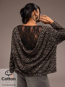 Freevana Wonen 復古棕色豹紋船領花卉蕾絲拼接露背大碼長袖上衣 秋冬 T-shirt - 彩色 - 查看 4