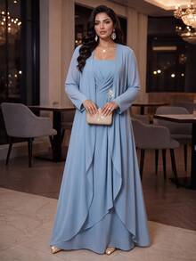 SHEIN Lady فستان ورداء نسائي مقاس كبير مزين بالراين ستون مطوي كاجوال رومانسي أنيق طقم من قطعتين رسمي للزفاف وحفلات الخريف الفاخرة وحفلات التخرج - الأزرق - مشاهدة 7