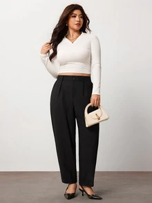 Enliva Women Plus Size Linen-Blend Trousers, High-Waisted Relaxed Straight-Leg Pants With Front Pleats, Elastic Back Waist And Cuffed Hem, Fall/Winter Pant - Black - View 7