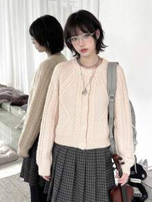 DAZY Women's Round Neck Solid Color Long Sleeve Korean Style Autumn/Winter Cardigan - Pink - View 5