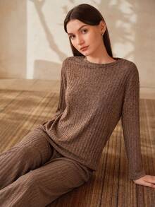 MOTF PREMIUM WOMEN'S MINIMALIST ROUND NECK LONG SLEEVE TOP AND PANTS LOUNGEWEAR SET - Coffee Brown - View 8