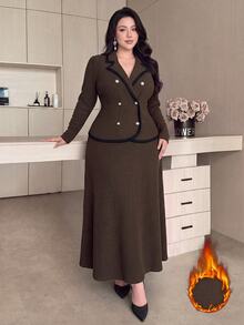 Modelyn Plus Size Vintage Double-Breasted Jacket And Long Skirt 2 Pieces Set - Coffee Brown - View 3