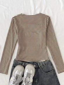 SHEIN 青少年女孩 T-shirt 粉色與白色條紋方領長袖，萬聖節、秋季、冬季、秋天、Y2K、粉色 - 棕色 - 查看 2