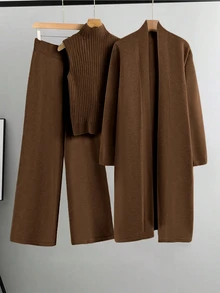 Linhara Plus Size Casual Solid Color Cardigan Knit Vest And Pants Set, Autumn/Winter - Brown - View 1