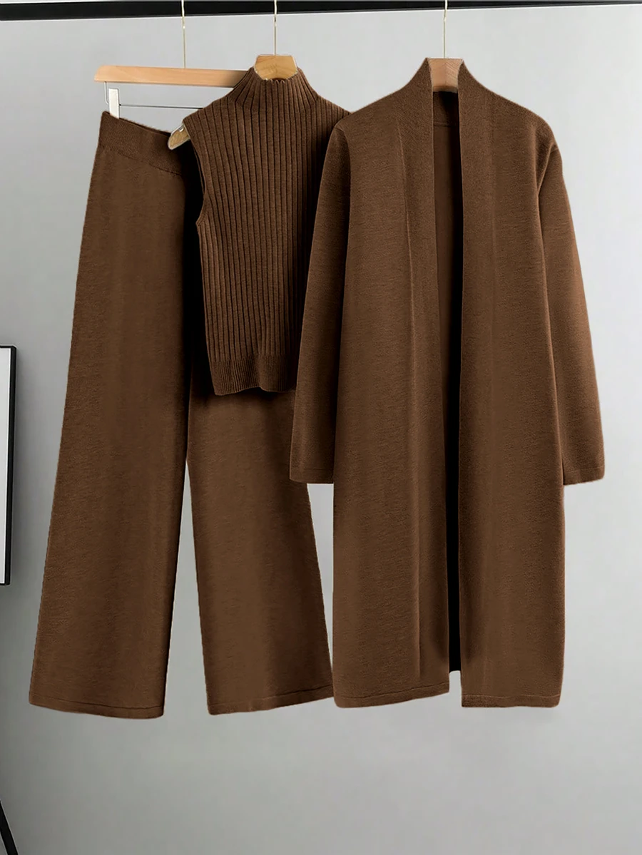 Linhara Plus Size Casual Solid Color Cardigan Knit Vest And Pants Set, Autumn/Winter - Brown - View 1