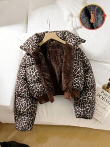 SHEIN Tween Girl Tween Girls Brown Polka Dot Oversized Cropped Stand Collar Puffer Padded Winter Coat - Coffee Brown - View 3