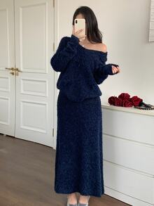 Feyla Women's 2pcs Bow Decor Knitted Set, Round V-Neck Long Sleeve Loose Sweater & High Waist Long Skirt - Blue - View 3