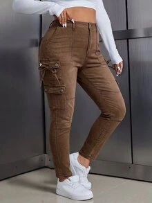 SHEIN ICON 大尺碼女款口袋鈕扣打結休閒百搭日常牛仔褲 - 棕色 - 查看 3