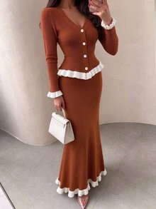 Modelyn Women's Contrast Color V-Neck Casual Daily Summer Knit Long Sleeve Top & Earrings & Skirt Optional Knit Set - Brown - View 5