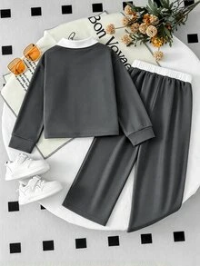 SHEIN 女童 2 件組復古美式學院風棕色上衣寬腿褲套裝，休閒秋季長袖圓領套裝，適合學校 7 歲生日 - 深灰色 - 查看 2