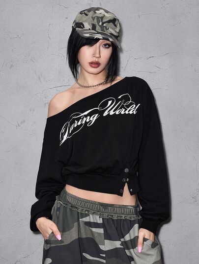 Grunge Punk Damen Asymmetrisches Schulter Langarm T-Shirt mit Taillendetail, Metallschnalle und Buchstabenprint, Street Style vielseitig lässig