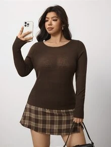Enliva Plus Size Boat Neck Fitted Waist Sweater For Pear Body - Brown - View 5