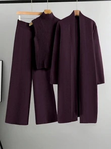 Linhara Bộ áo khoác cardigan len dệt kim và quần màu trơn phong cách thường ngày size lớn, thu/đông - Màu tím - Xem 1