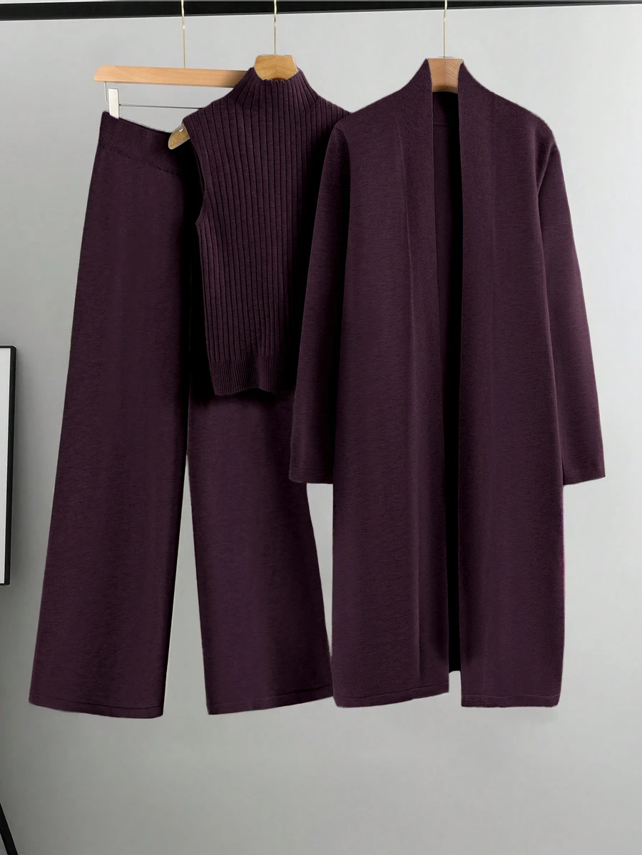 Linhara Bộ áo khoác cardigan len dệt kim và quần màu trơn phong cách thường ngày size lớn, thu/đông - Màu tím - Xem 1