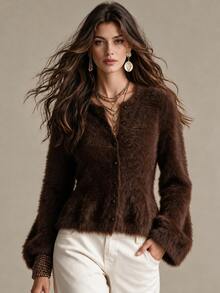 Omancia Women's Round Neck Solid Color Faux Mink Fur Cardigan Sweater - Coffee Brown - View 1