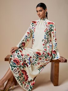 LOTSLUV Women's Autumn Elegant Apricot & Colorful Floral Print High Neck Tie Long Sleeve Straight Dress - Multicolor - View 1
