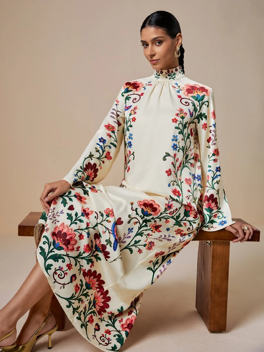 LOTSLUV Women's Autumn Elegant Apricot & Colorful Floral Print High Neck Tie Long Sleeve Straight Dress - Multicolor - View 1