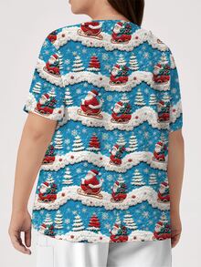 PopScrub Women's Plus Size Santa Claus Print Short Sleeve Scrub Top - Multicolor - View 2