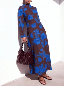Zivah New Elegant Women's New Chinese Style Plant Contrast Print Fabric Front Zipper Design Long Sleeve Structured Dress - Multicolor - View 8