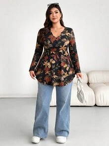 Shapeblank Plus Size Women's Autumn Fallen Maple Leaf Pattern Simple Casual Everyday Long Sleeve T-Shirt, Elastic Comfortable Waist-Cinching Babydoll Style Top, Suitable For Voluptuous Body, Simple Autumn Style - Multicolor - View 6