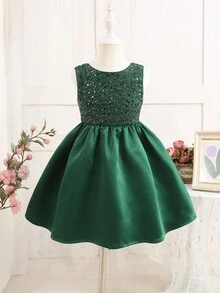 SHEIN Young Girl Sequin Pleated Kids Dress For Party, Ball, Festival - Green - View 5
