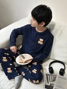 SHEIN 大童男孩卡通圖案長袖上衣與長褲休閒日常睡衣套裝 - 彩色 - 查看 7