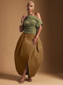 Vixey High Waist Balloon Shape Asymmetrical Midi Skirt - Mocha Brown - View 3