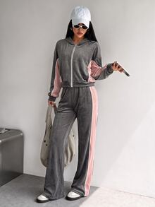 SHEIN Sovereign Charm Women's Zip-Up Long Sleeve Hoodie And Colorblock Pants Sports Set - Multicolor - View 7