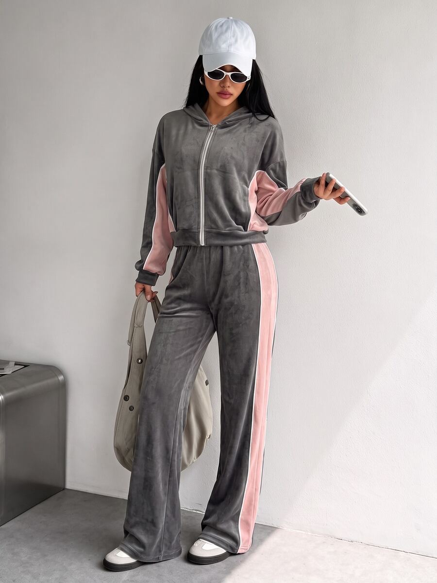 SHEIN Sovereign Charm 女款拉鍊連帽長袖衛衣與拼色運動長褲套裝 - 彩色 - 查看 1