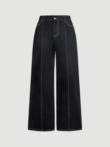 SHEIN Tall CURVE 大尺碼女款休閒日常旅行牛仔褲，附口袋與鈕扣 - 黑色 - 查看 3