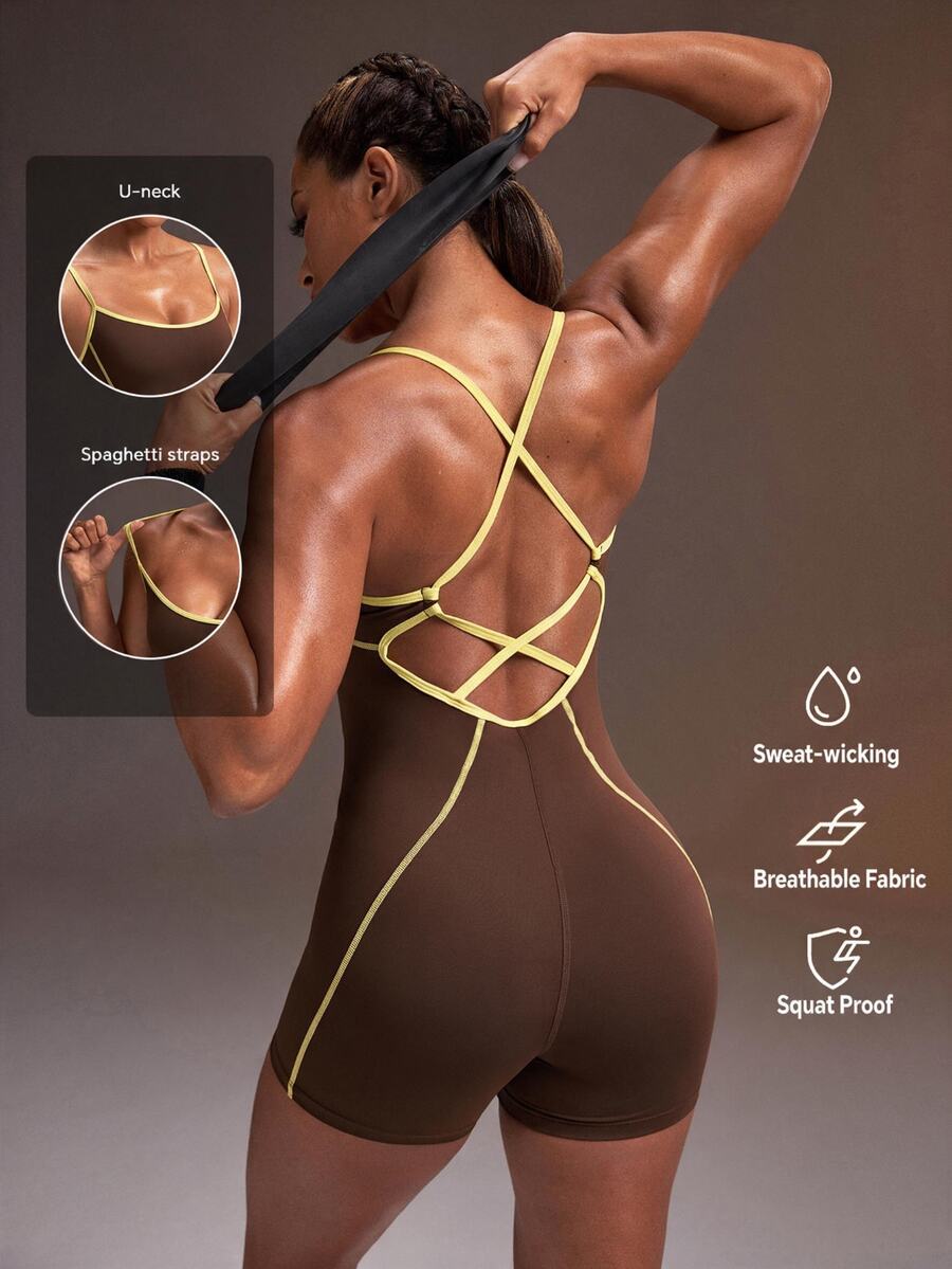 Powerista Women's Autumn Navy Criss Cross Open Back Contrast Stitching Sports Jumpsuit Short Leg Design Active Wear Gym Workout Athletic Modest - Brown - View 1